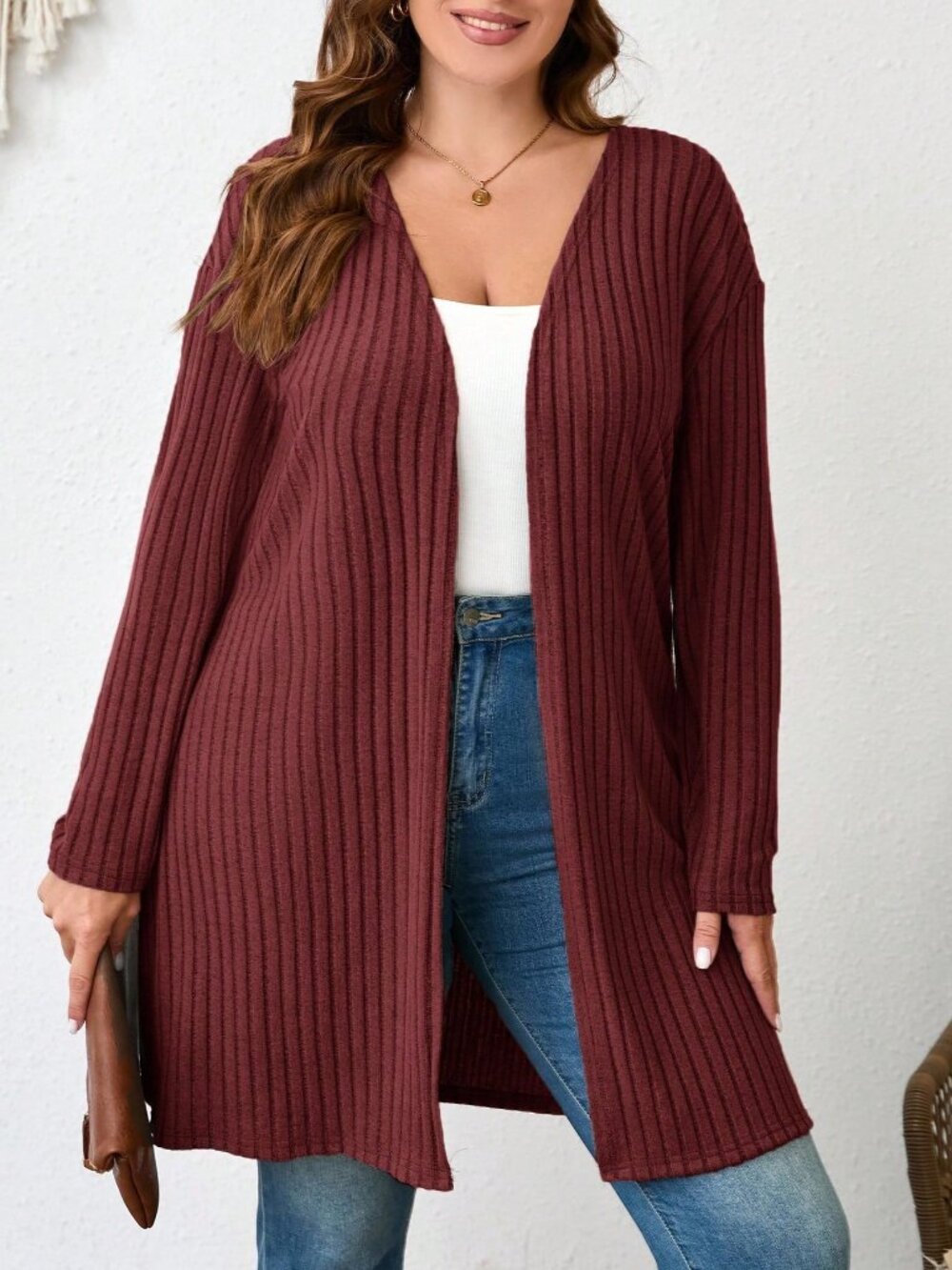 Burgundy Casual Women's Plus Size Plain Color Ribbed Knit Cardigan